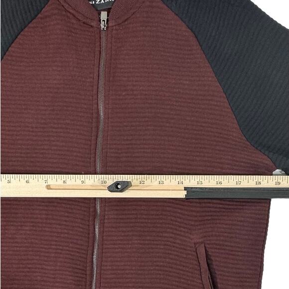 Essentials Zara Daily Outfit Zip Up Raglan Ribbed Jacket Medium Burgundy Black - Picture 8 of 9